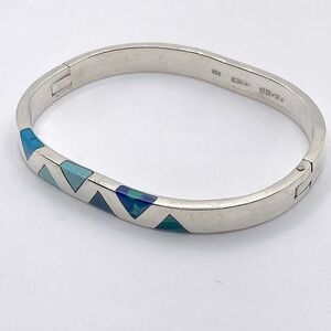 Taxco Sterling Turquoise Malachite Lapis Calcite Rounded Square Bangle 7”C / 2”D